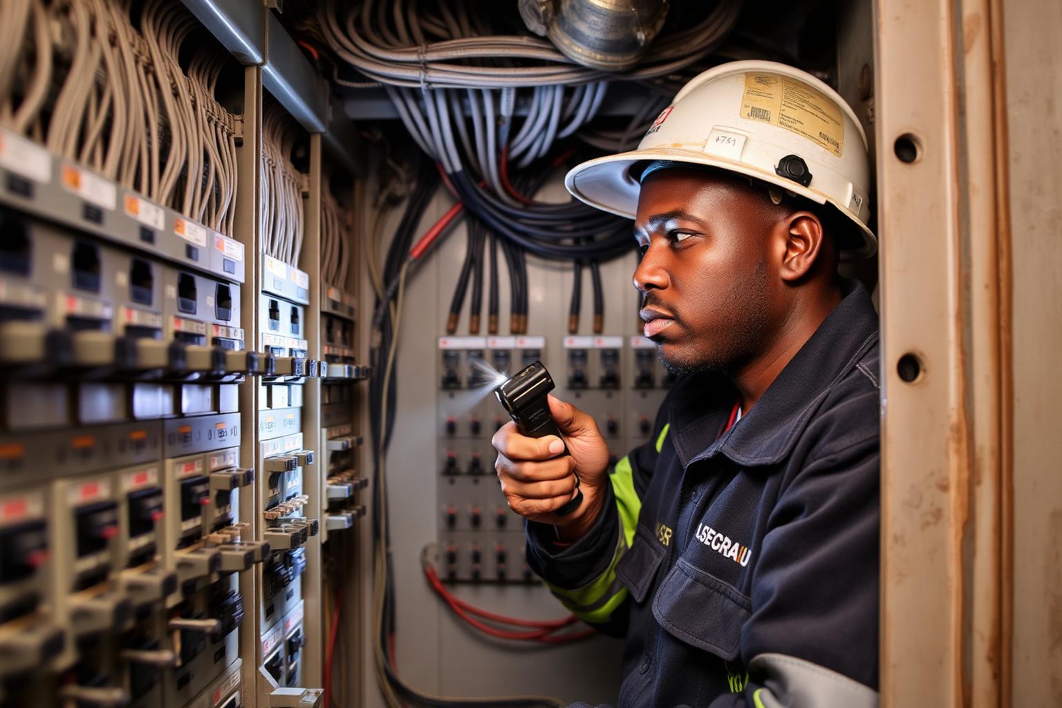Electrician working inside an open DB board with breakers exposed at a home in Pretoria East